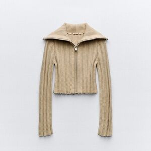 ZARA ZIPPERED CROPPED KNIT CARDIGAN